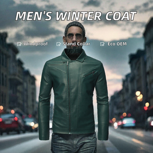 Veste en cuir PU vert pour homme, style motard, fermeture éclair, col rabattu, coupe ajustée, coupe-vent, vêtements d'extérieur pour l'automne - Product Image 2