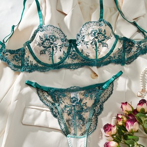 Wholesale Floral Embroidery Lingerie Set Sexy Sheer Mesh Underwire Bra and Thong Panties Set 2 Piece Bow Lace <b>Underwear</b> Set - Product Image 4