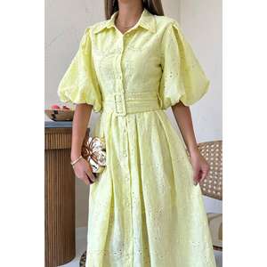 <b>Yellow</b> A-Line Dress With Balloon Sleeves And Pleated Design Cotton Bamboo <b>Fabric</b> O-Neck Natural Waistline Breathable - Product Image 2