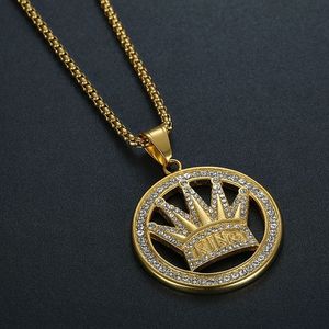 <b>King</b> <b>Crown</b> Round Pendant Necklace Stainless Steel Gold Plated Rhinestone Men's Hip Hop Jewelry Gift - Product Image 4