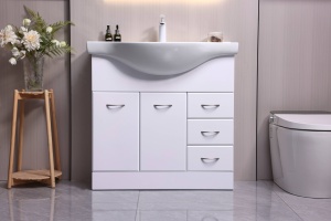 وحدة حمام عصرية قائمة على الأرض مع مرآة ذكية وإضاءة LED تعمل باللمس وحوض غسيل وطاولة تزيين للاستخدام المدرسي - Product Image 3