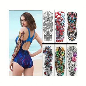 Grand autocollant <span class=keywords><strong>de</strong></span> <span class=keywords><strong>tatouage</strong></span> temporaire imperméable et écologique pour bras, motif rose blanche et <span class=keywords><strong>lotus</strong></span>, pour femmes, hommes et filles, art corporel floral complet - Product Image 1