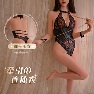 Sexy lingerie, deep V-neck seductive chain-link bodysuit, sexy lace see-through elegant waist-cinching slimming European and - Product Image 1