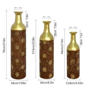 Ensemble de 3 vases décoratifs en métal, motif feuilles rustiques marron, vases de sol rustiques marron, tous les vases pour la décoration de la maison - Product Image 3