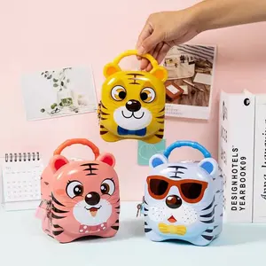 School kids gifts supplier metal tin coin box cute cartoon tiger piggy bank