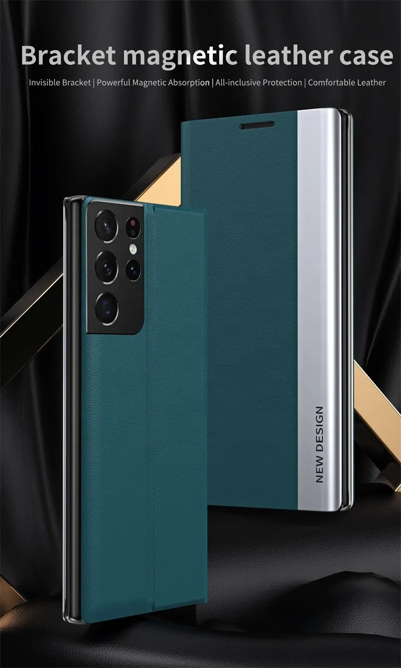 Bảo Vệ Máy Ảnh Toàn Diện 360 Giá Đỡ Từ Tính Lật Di Động Bao Da Điện Thoại Sang Trọng Cho Samsung Galaxy S21 Ultra