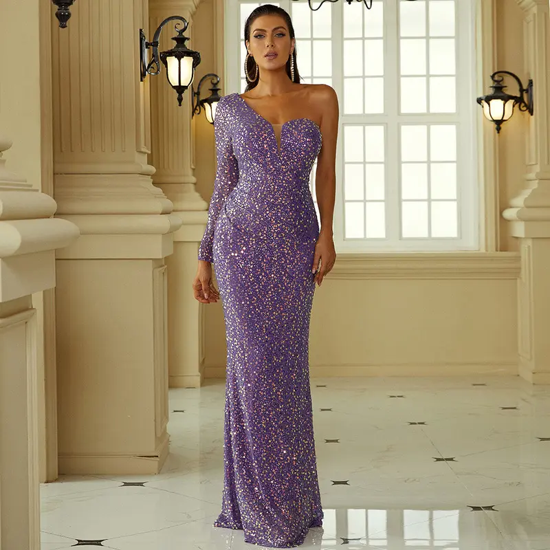 ZYHT DR0244 New Luxury Evening Dress One Shoulder Long Sleeve Sparkly Purple Party Prom Dresses with Sequined Evening Dresses
