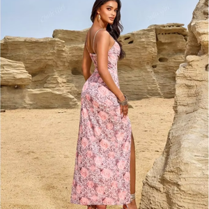 D & M estate donna <span class=keywords><strong>rosa</strong></span> con motivo floreale stampa con scollo a V <span class=keywords><strong>abito</strong></span> Midi moda Sexy <span class=keywords><strong>abito</strong></span> da festa lungo spacco a vita alta per donna - Product Image 2