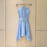 Robe vintage pour femme en coton, coupe trapèze, drapée, longueur genou, unie, col montant, avec cordon de serrage, sans manches