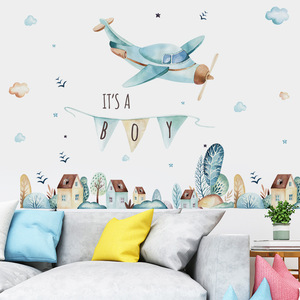 Papel pintado de avión azul claro de dibujos animados, pegatina de pared de ciudad de cuento de hadas, decoración de habitación de niños, Fondo de guardería, calcomanía de pared - Product Image 3