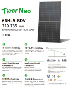 Panneaux solaires bifaciaux Jinko Tiger Neo 3.0 N-Type 66HL5-BDV 710W 715W 720W 725W 730W 735Watt Jinko Solar pour usage industriel - Product Image 2