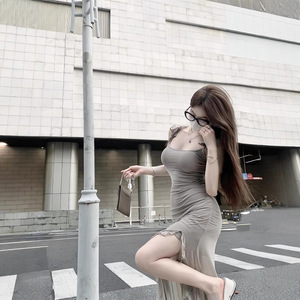 Sweet And Spicy Girl Style Halter Dress With Slit And Ruffles Summer Waist Cinching Slim Fit Long Skirt For Club Wear - Product Image 4