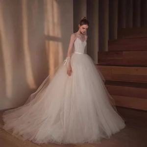 Wedding Dress Ball Gown Ivory White Tulle Sweetheart Neckline Natural Waist Straps Vintage Style Long Train - Product Image 3