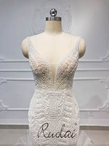 Ruolai vestidos de novia largos de <span class=keywords><strong>sirena</strong></span> con escote en V de <span class=keywords><strong>sirena</strong></span> de lujo Vintage de lujo con cuentas pesadas - Product Image 5