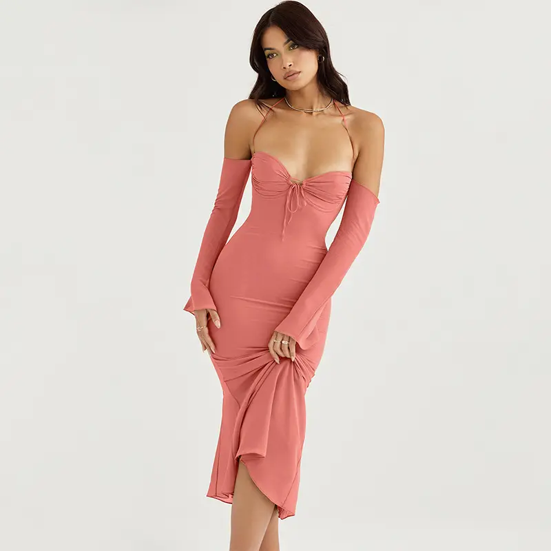 Hot sexy women dress Solid color off shoulder long dress High quality halter half sleeves dress for women