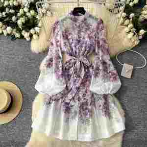 Spring American Style Stand Collar Tunic Casual Midi Dress Women Lantern Sleeve Empire Digital Printing Lace Woven Eco-Friendly - Product Image 2