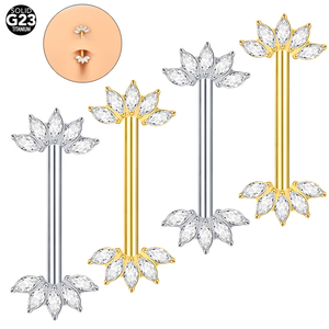 Piercings de mamelon filetés intérieurement en titane ASTM F136 Barbell de mamelon 14G avec 5 extrémités de ventilateur orientées vers l'avant Marquise CZ - Product Image 1