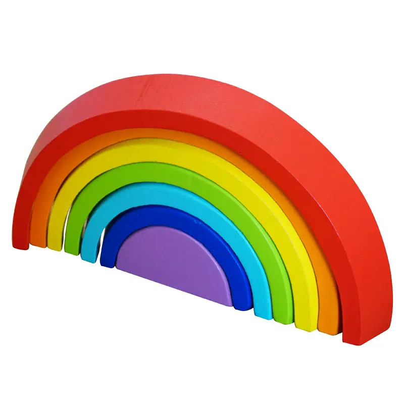 Wooden Rainbow Stacker Nesting Puzzle Blocks Tunnel Stacking Games Building Creative Color Shape Development Toy for Boy Girl