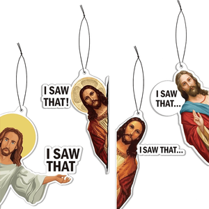 Ambientadores de coche colgantes de diseño personalizado con meme 'I Saw Jesus', de cartón absorbente de alta densidad, con forma troquelada y a la moda. - Product Image 1