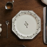 Assiette à dessert ronde en céramique, motif rétro en relief de plantes et petites fleurs, compatible micro-ondes, design vintage de luxe léger