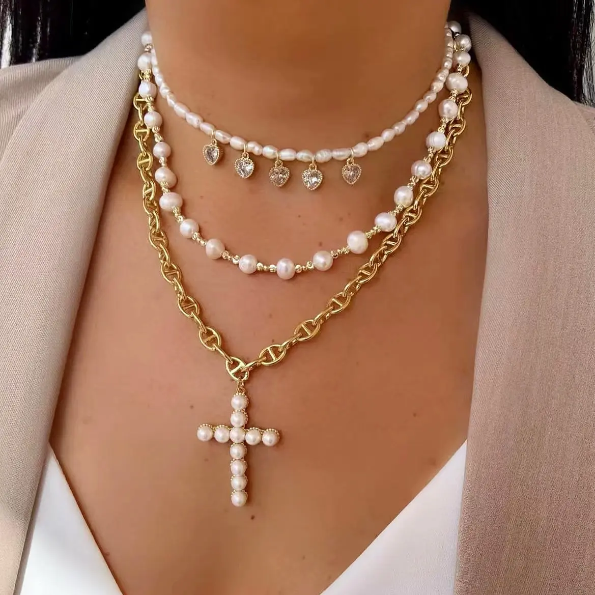 Luck Freshwater Pearl Jewelry Necklace Set Copper Chain Hiphop Cross Women for Wholesale necklace Heart Pendant Fashion Wedding