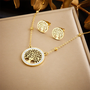 <b>Tree</b> Of Life Pendant <b>Necklace</b> Set Stainless Steel Stud Earrings Women's Fashion Jewelry Party Accessories Gold Tone Hollow - Product Image 1