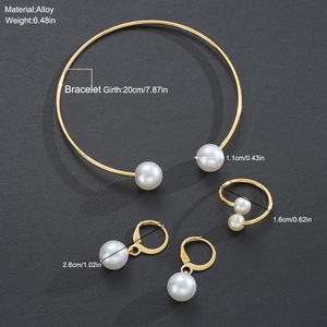 Ensemble de bijoux pour femmes en alliage vintage simple avec des perles légères, boucles d'oreilles ouvertes, bague et bracelet, cadeau - Product Image 4