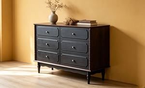 Vintage Black <b>6</b>-<b>Drawer</b> Dresser, Farmhouse Chest with Bobbin Details & White Knobs - Product Image 2