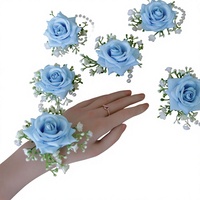 H0013 Korsase Pergelangan Tangan Boutonniere Mawar Buatan Sutra Buatan Tangan Perlengkapan Pernikahan Gaya Eropa Biru Langit