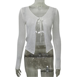 Cárdigan <span class=keywords><strong>de</strong></span> punto calado para mujer, estilo casual, fino, con lazo, para verano, ¡Gran oferta! - Product Image 4