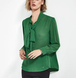 <span class=keywords><strong>Camicette</strong></span> Formali da <span class=keywords><strong>Donna</strong></span> Personalizzate OEM ODM di Alta Qualità, Motivo a Pois, Colletto Arricciato, Maniche Kimono, Bottoni Frontali, Tessuto in Raso 100% <span class=keywords><strong>Seta</strong></span> - Product Image 1