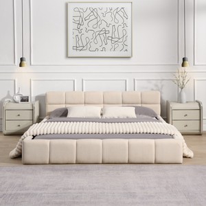 Modern Queen Size <strong>Beige</strong> Upholstered Bedroom Bed Frame with Checkerboard Design - Product Image 4