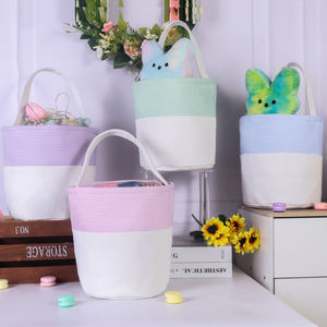 Egg Hunt Cestas de Pascua para niños Vacías con asa Niños Niñas Raya en blanco Seersucker Canvas Cesta de Pascua - Product Image 2