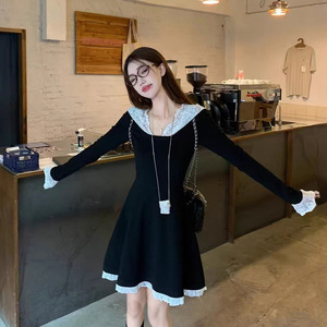 Lace Trimmed Color Blocked Hooded Long Sleeve Dress For Women Autumn Winter 2025 Elegant Fashionable Slim Fit Short Skirt Daily - Product Image 1