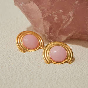 <b>Stud</b> <b>Earrings</b> Round Rose Quartz Gold Plated Geometric Design Bezel Setting Fashion Jewelry - Product Image 2