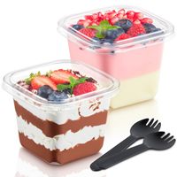 Gobelets à dessert carrés en plastique transparent BST de 12 oz avec couvercles et cuillères-fourchettes, gobelets jetables pour parfaits, contenants anti-fuite pour crème glacée, salades et fêtes