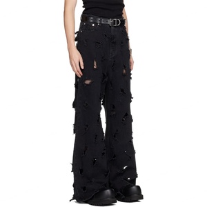 Denim <b>Jeans</b> Pants Custom Black Fray Distressed Cut Out Destroyed 100% Cotton <b>Wide</b> <b>Leg</b> Baggy Denim <b>Jeans</b> <b>Men</b> - Product Image 3