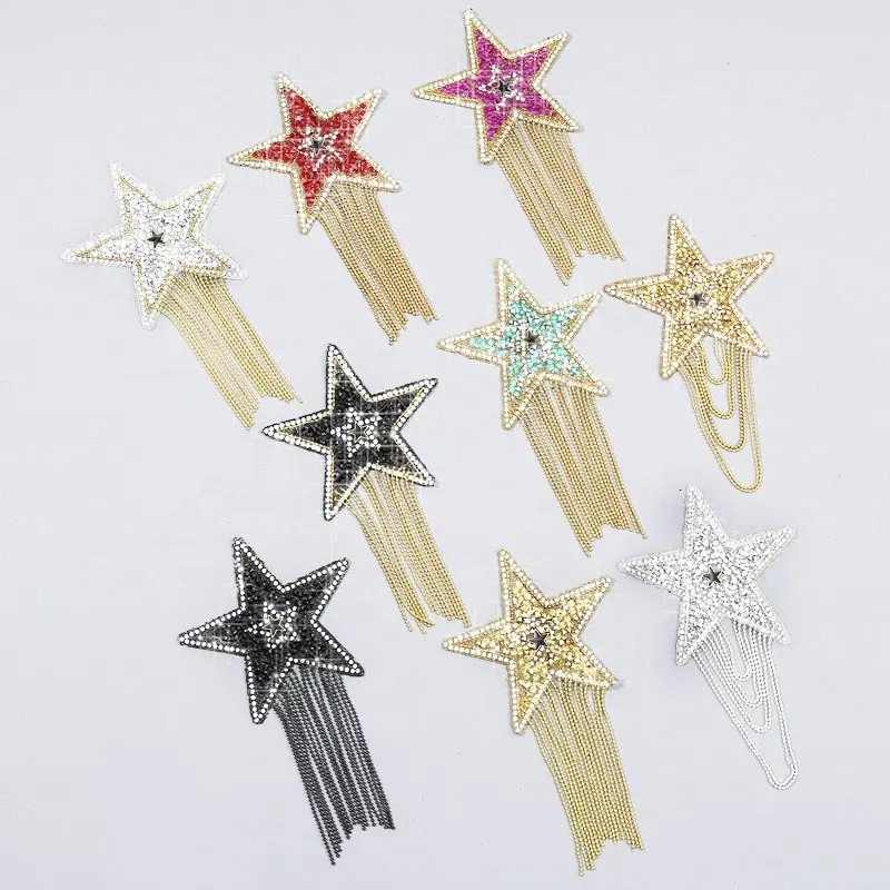 Aksesoris Pakaian Mode Kristal Berlian Imitasi Manik-manik Bintang Applique Patch Besi Pada Batu Bintang Patch dengan Rumbai Logam untuk Gaun