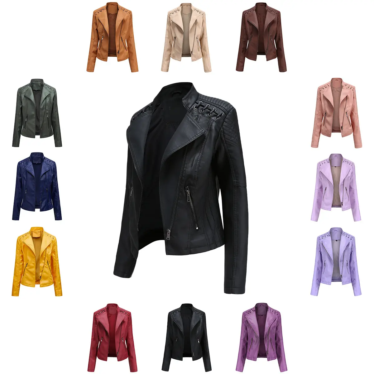 S-4XL Plus Size Autumn Pu Faux Leather Jackets Women Long Sleeve Zipper Slim Motor Biker Leather Coat Plus Size Women's Jackets