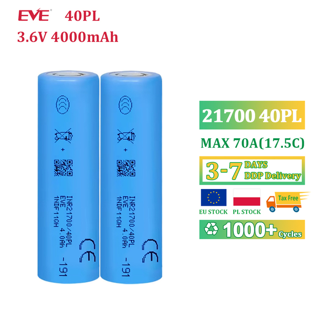 2026 Grade a EVE 40pl 50pl 21700 3.6v 4000mah Battery 70A 17.5C High Discharge Rechargeable eve 40p 18650 Battery Akku for Drone