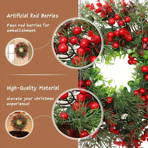 Corona navideña fácil de conseguir, decoración artificial con follaje verde y bayas rojas para puerta principal, adorno navideño de 18 pulgadas de diámetro - Product Image 2