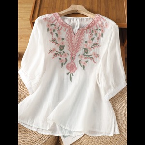 Women's <b>Linen</b> Blouse Embroidered Floral Loose Fit Summer <b>Top</b> Breathable Vintage Style Casual Wear - Product Image 2