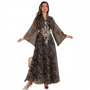 Abaya élégante de haute qualité en polyester antistatique plissée, longueur au sol, pour femmes, avec imprimé floral, pour soirée - Product Image 3