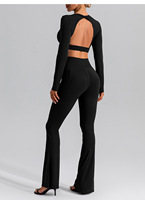 Ensemble de sport et yoga 2 pièces pour femme : Crop top à manches longues et dos ouvert, pantalon évasé taille haute à fente, extensible, pour l'entraînement et le fitness