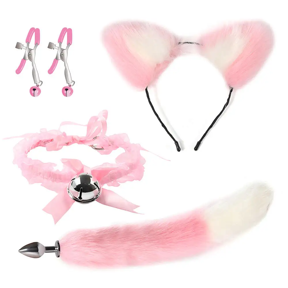 SHUNQU 4 pezzi simpatica coda di volpe spina anale orecchie di gatto per capelli colletto a campana morsetto per capezzolo gioco di ruolo Bondage Catwoman Set