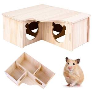 บ้านหนูแฮมสเตอร์ไม้ วิลล่าสองชั้น สีธรรมชาติ รังสัตว์เลี้ยงอเนกประสงค์สำหรับสัตว์ขนาดเล็ก รูปทรงสี่เหลี่ยมผืนผ้า - Product Image 1