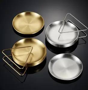 Menyajikan baja tahan karat untuk makanan pengamplasan piring logam Korea berkemah dipoles Golden Roaster nampan piring bulat piring