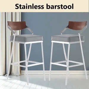 Modern Luxury Style Walnut Back Stainless Steel Fixed Barstool With PU Leather Soft Seat For Kitchen Dining Living Room