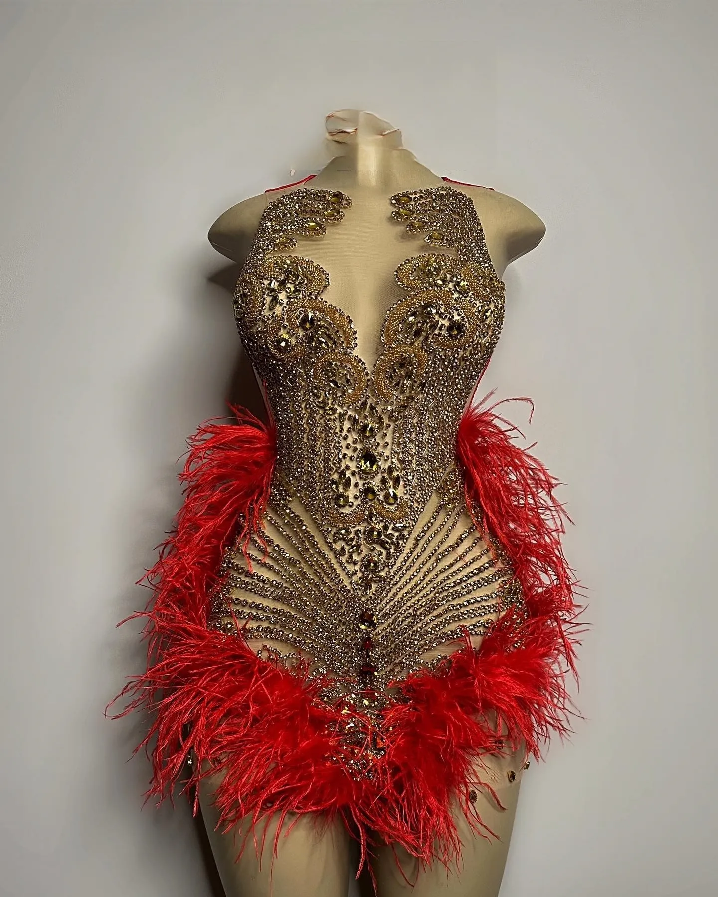 Ocstrade Trim Red Feather Dress Elegant Sexy Hollow Bodycon Mini Dress Women Nightclub Gold Rhinestone Dress Club Wear For Women
