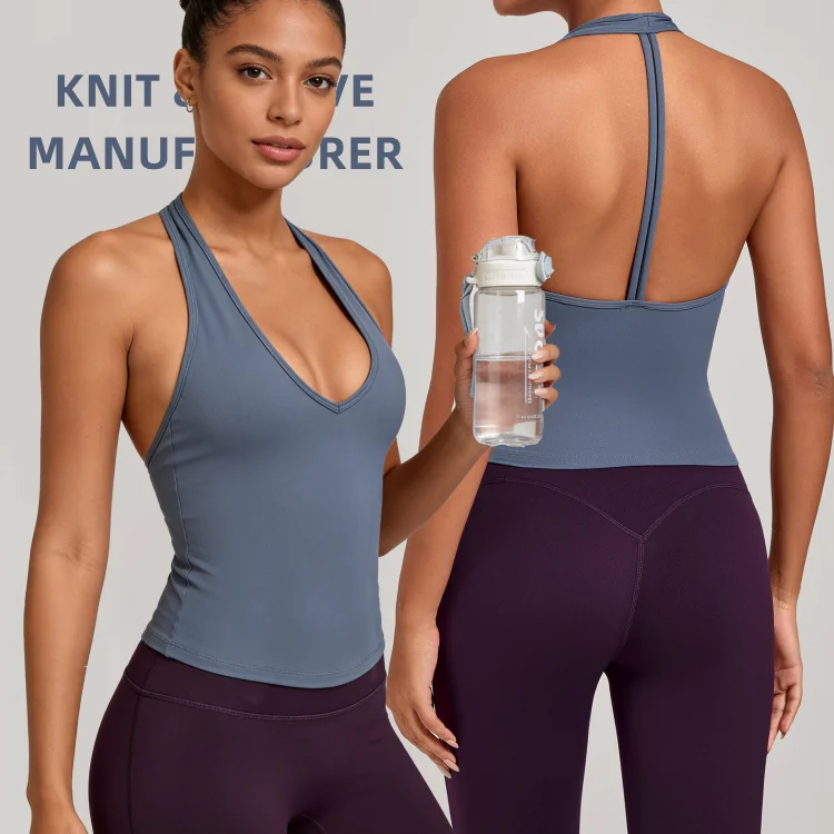 CNSHELL Halter T Back Backless Deep V Neck Sleeveless Tank Top Yoga 4 Way Stretch Sports Tank Top Build in Bra Breathable